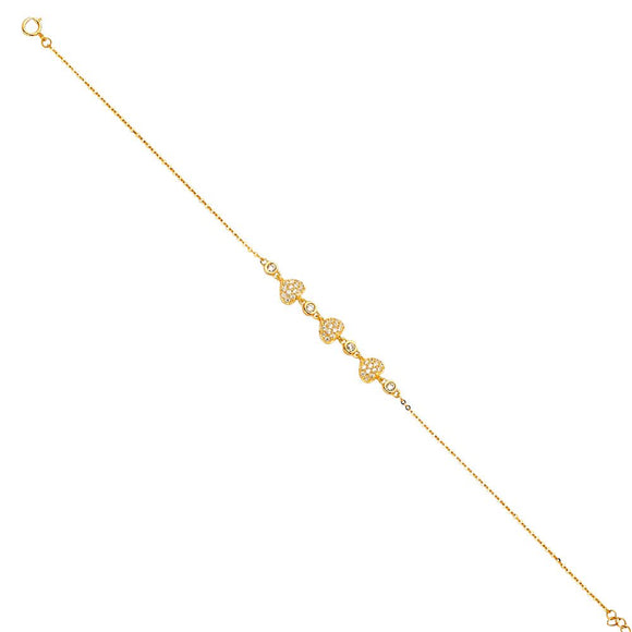14K Yellow Gold CZ Fancy 3 Heart Bracelet 8 Inches