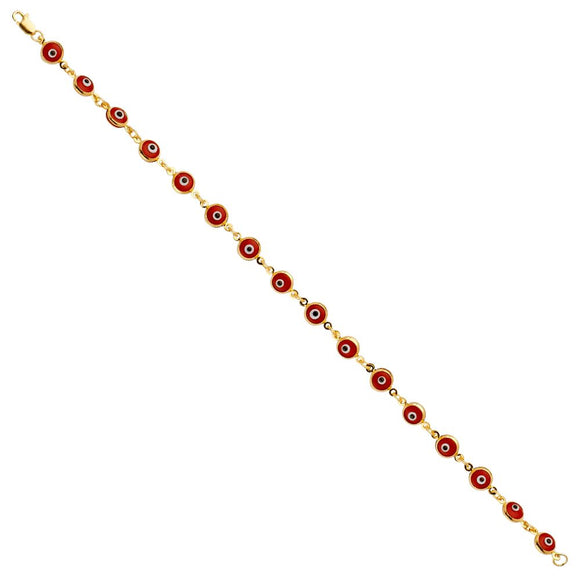 14K Yellow Gold Red Evil Eye Bracelet 7.25 Inches