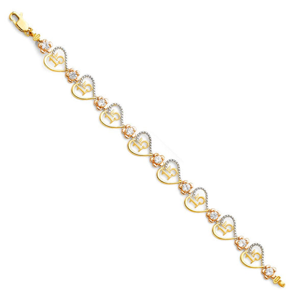 14K Yellow & Rose Gold CZ Heart & Flower Quince Bracelet