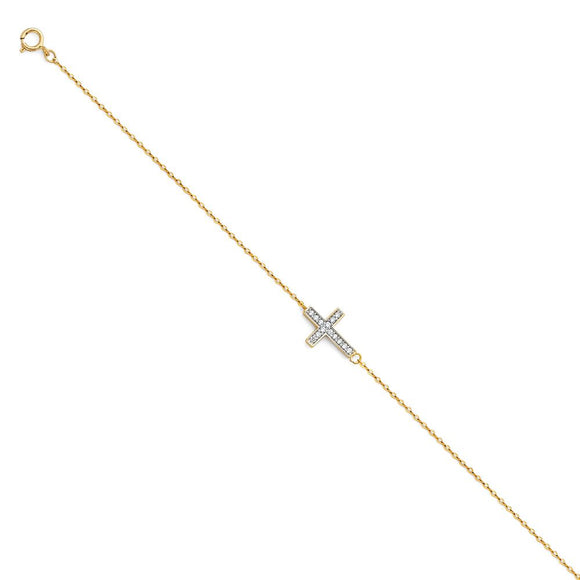 14K Yellow Gold CZ Fancy Cross Bracelet 8 Inches