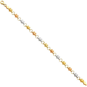 14K Tri Color Gold Hearts Bracelet 7.25"
