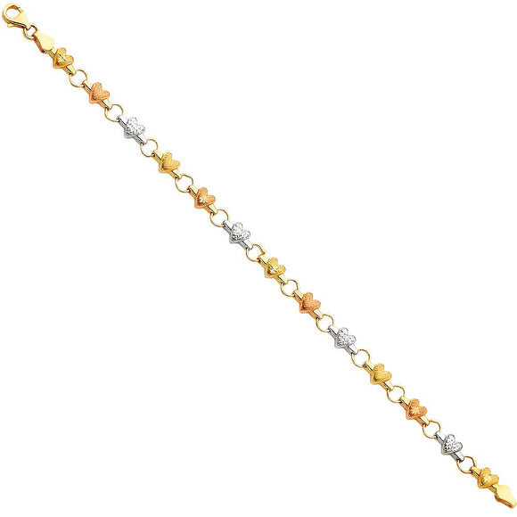 14K Tri Color Gold Hearts Bracelet 7.25