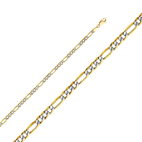 14K Yellow Gold White Pave Holllow 4.4mm Figaro Chain