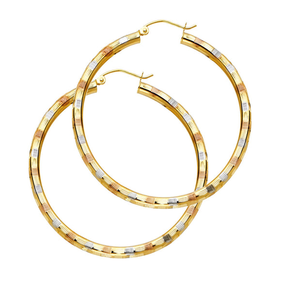 14K Tri Color Gold 3mm Fancy Hoop Earrings