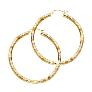 14K Tri Color Gold 3mm Fancy Hoop Earrings