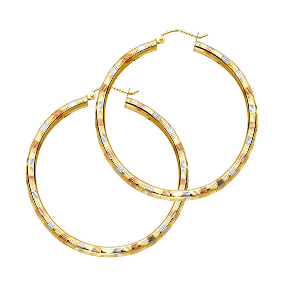 14K Tri Color Gold 3mm Fancy Hoop Earrings