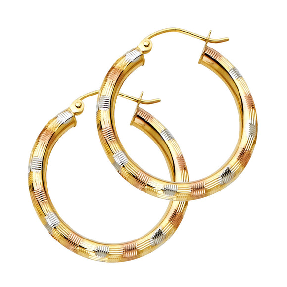 14K Tri Color Gold 3mm Fancy Hoop Earrings