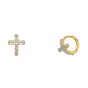 14K Yellow Gold CZ Huggie Cross Earrings
