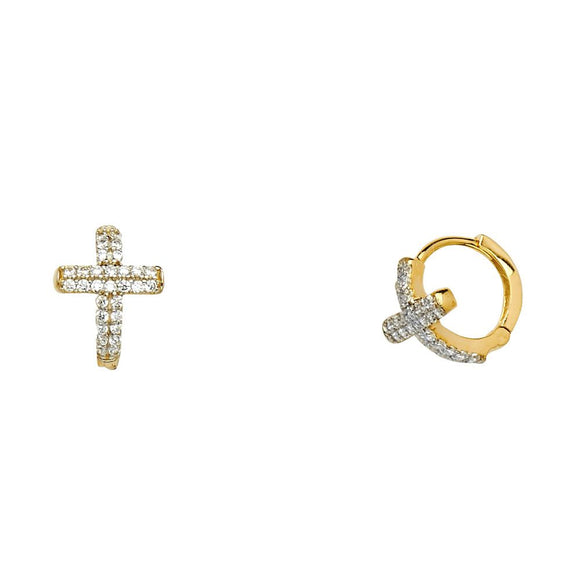 14K Yellow Gold CZ Huggie Cross Earrings