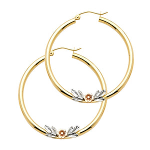 14K Tri Color Gold Flower Hoop Earrings