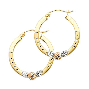 14K Tri Color Gold Fancy Flower Hoop Earrings