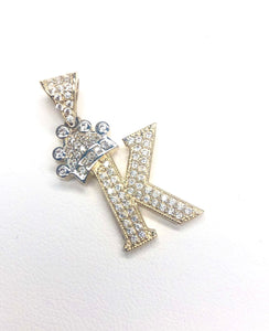 14K Yellow Gold CZ Large Letter "K" with Crown