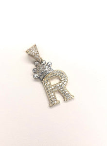 14K Yellow Gold CZ Large Letter "R" with Crown