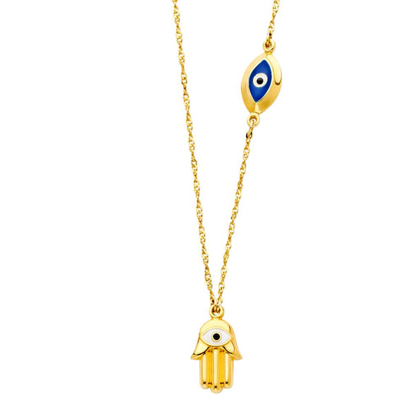 14K Yellow Gold Hamsa & Evil Eye Necklace 18''