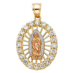 14K Tri Color Gold CZ Oval Virgen Mary Pendant