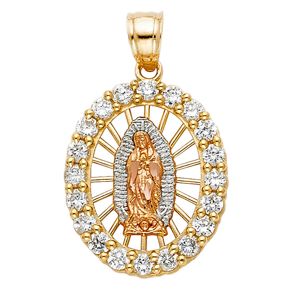 14K Tri Color Gold CZ Oval Virgen Mary Pendant