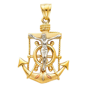 14K Tri Color Crucifix Anchor Pendant
