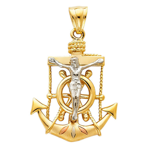 14K Tri Color Crucifix Anchor Pendant