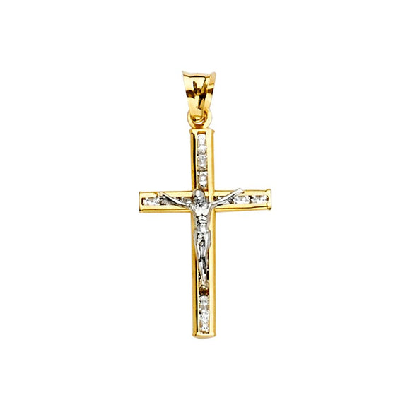 14K Yellow & White Gold CZ Crucifix Pendant