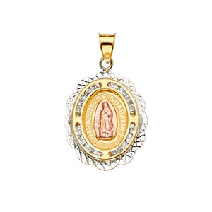 14K Two Tone Gold CZ Oval Virgen Mary Pendant