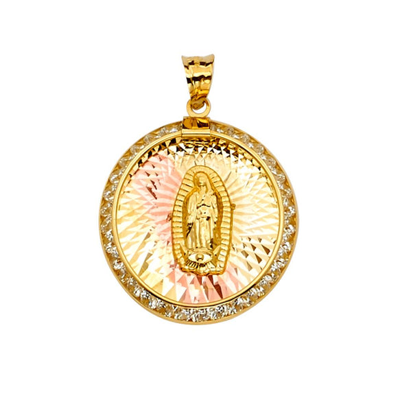 14K Two Tone Gold CZ Round Virgen Mary Pendant