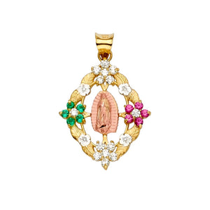 14K Tri-Color Gold CZ Virgen Mary Pendant