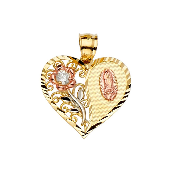 14K Tri-Color CZ Heart Pendant with Flower & Virgen Mary