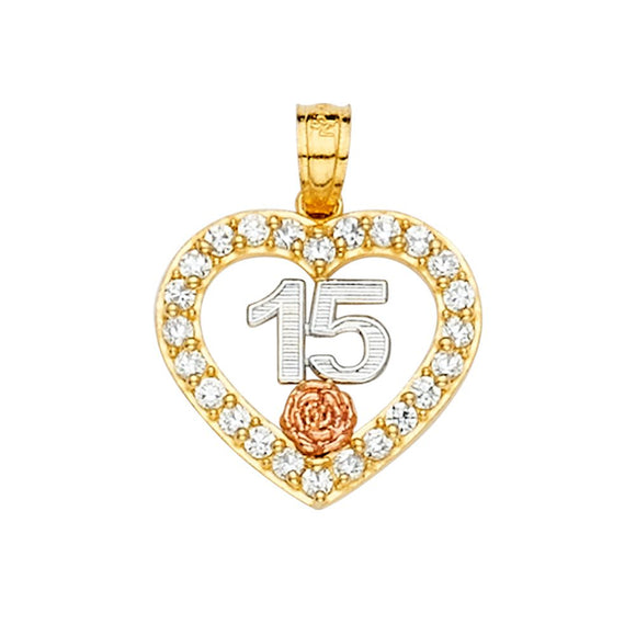 14K Tri Color Gold CZ Quince Heart Pendant