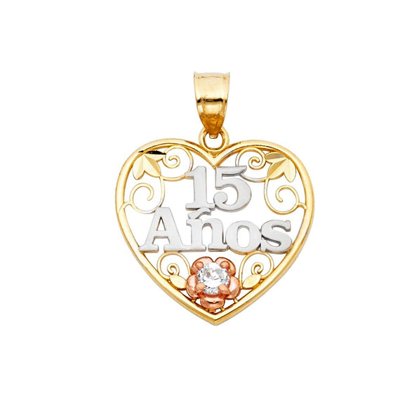 14K Tri Color Gold CZ Quinceaños Heart Pendant