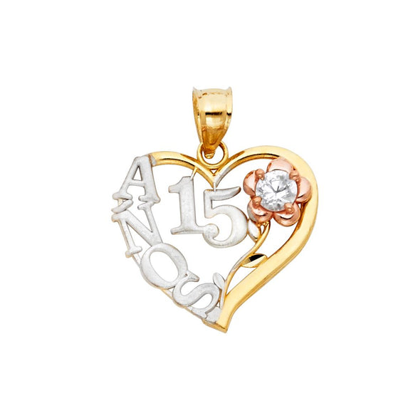 14K Tri Color Gold CZ Quince Heart Pendant