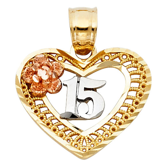 14K Tri Color Gold Heart & Flower Quince Pendant