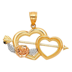 14K Tri-Color Double Heart with Cupid's Arrow Pendant