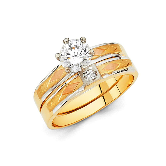 14K Tri Color Gold CZ Trio Wedding Set