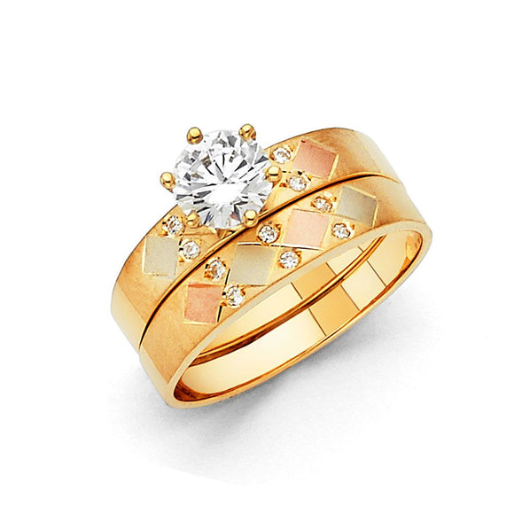 14K Tri Color Gold CZ Trio Wedding Set