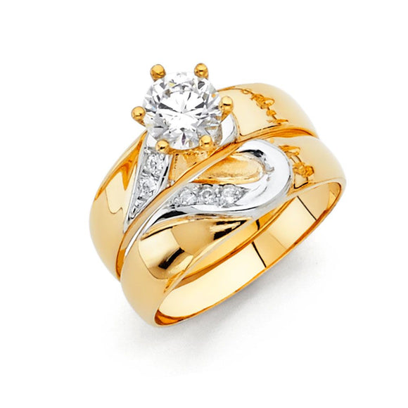 14K Yellow & White Gold CZ Heart Wedding Set Trio