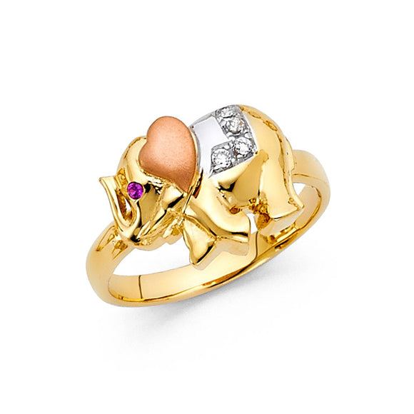 14K Tri Color Gold CZ Elephant Ring
