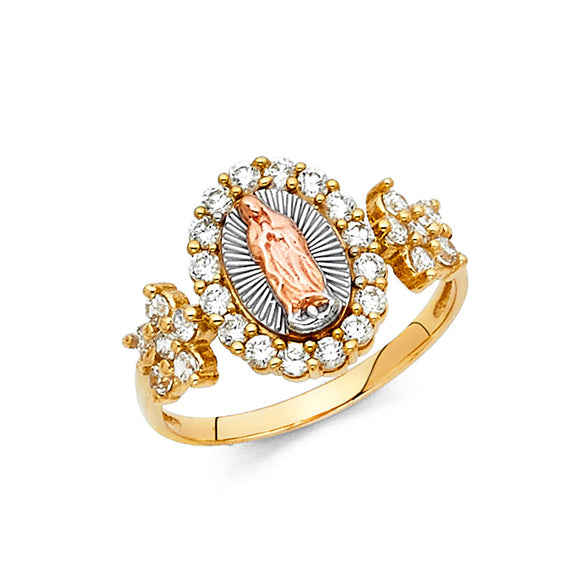 14K Tri Color Gold CZ Virgen Mary Ring w/ Flowers