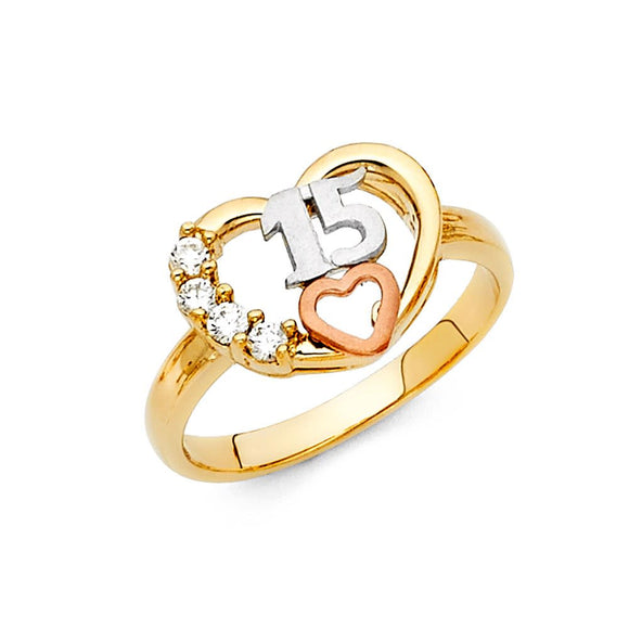 14K Tri Color Gold CZ Heart Shaped Quince Ring
