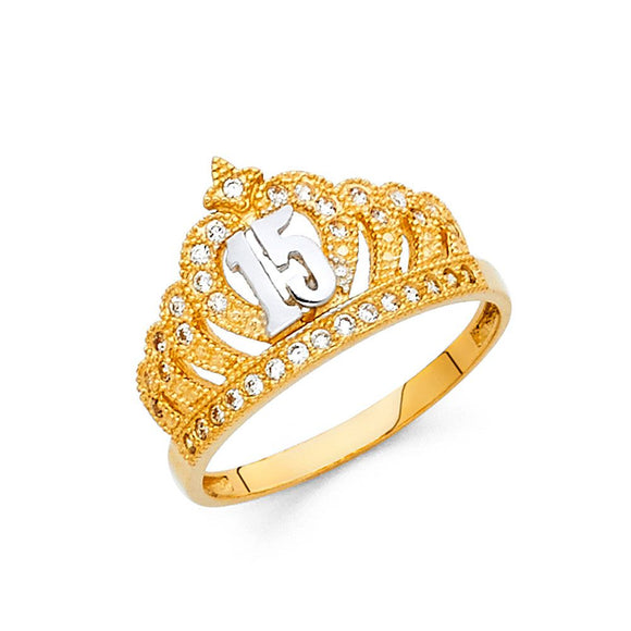 14K Yellow & White Gold CZ Quince Crown Ring