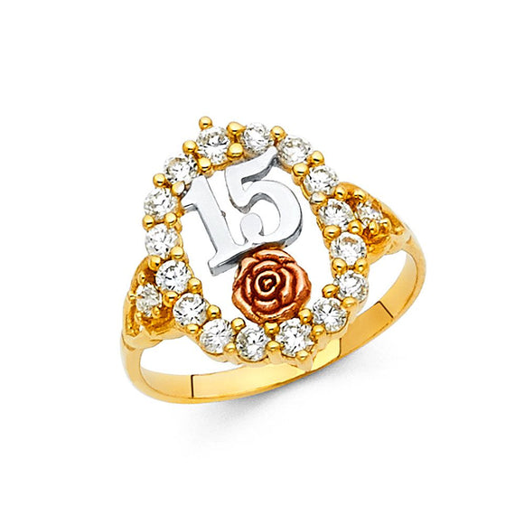 14K Tri Color Gold CZ Quince Ring