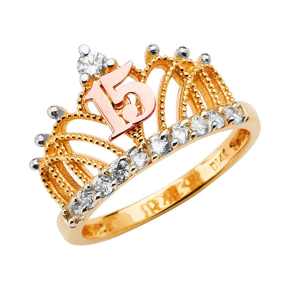 14K Tri Color Gold CZ Quince Crown Ring