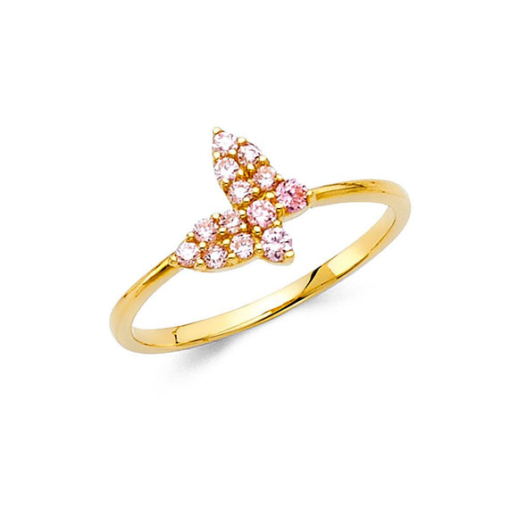 14K Yellow Gold CZ Pink Butterfly Ring