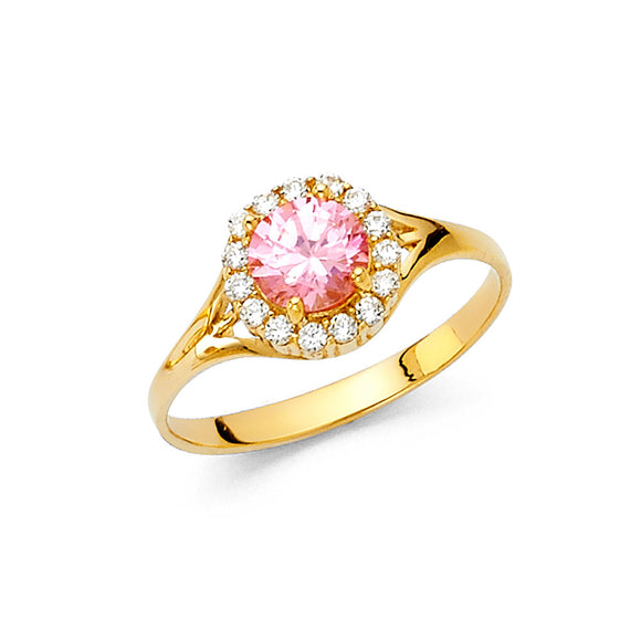 14K Yellow Gold Pink CZ Fancy Round Ring
