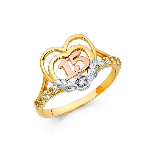 14K Tri Color Gold CZ Fancy Qunice Ring