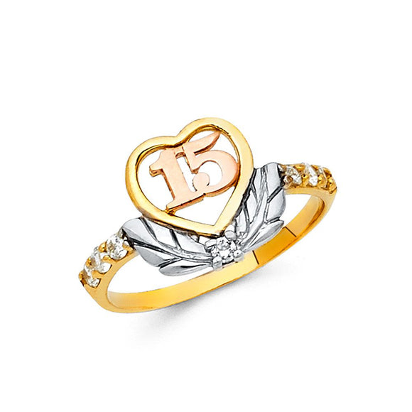 14K Tri Color Gold CZ Fancy Quince Ring