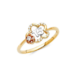 14K Tri Color Gold CZ Flower Qunice Ring