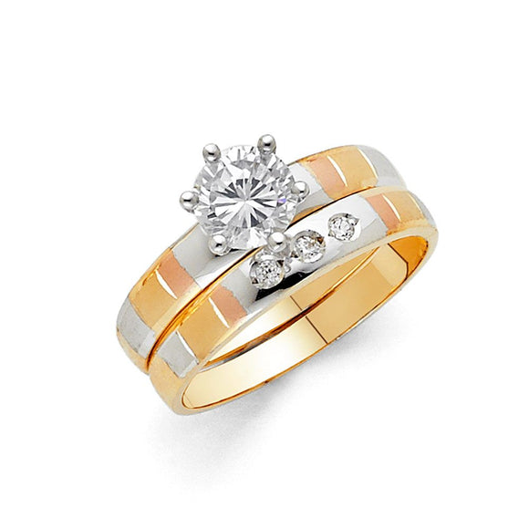 14K Tri Color Gold CZ Wedding Trio Set