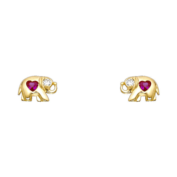 14K Yellow Gold CZ Elephant Earrings w/ Screw Back