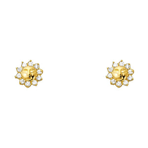 14K Yellow Gold CZ Stud Sun Earrings W/ Screw Back