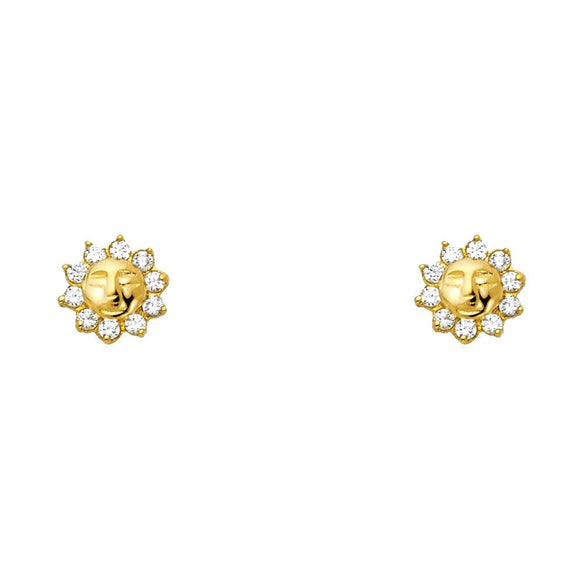 14K Yellow Gold CZ Stud Sun Earrings W/ Screw Back